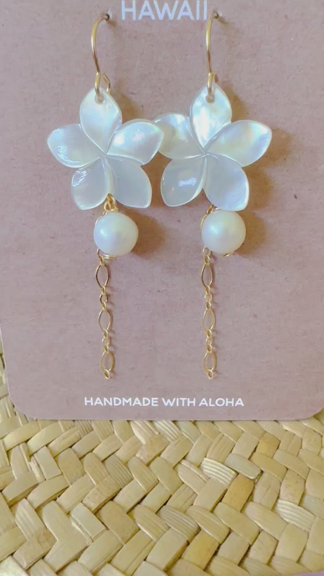Load video: Plumeria &amp; White Pearl Earrings