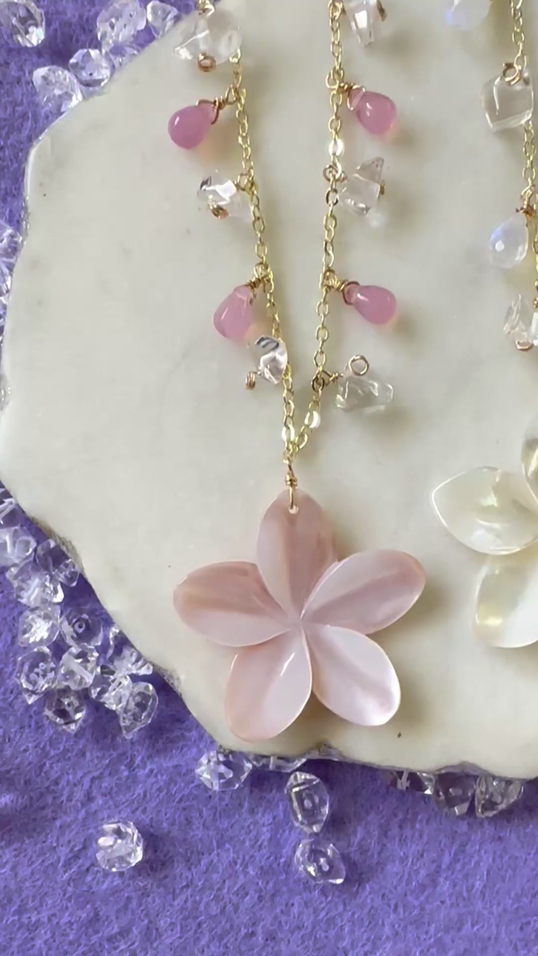 Load video: Pink Plumeria &amp; Crystal Quartz Necklace