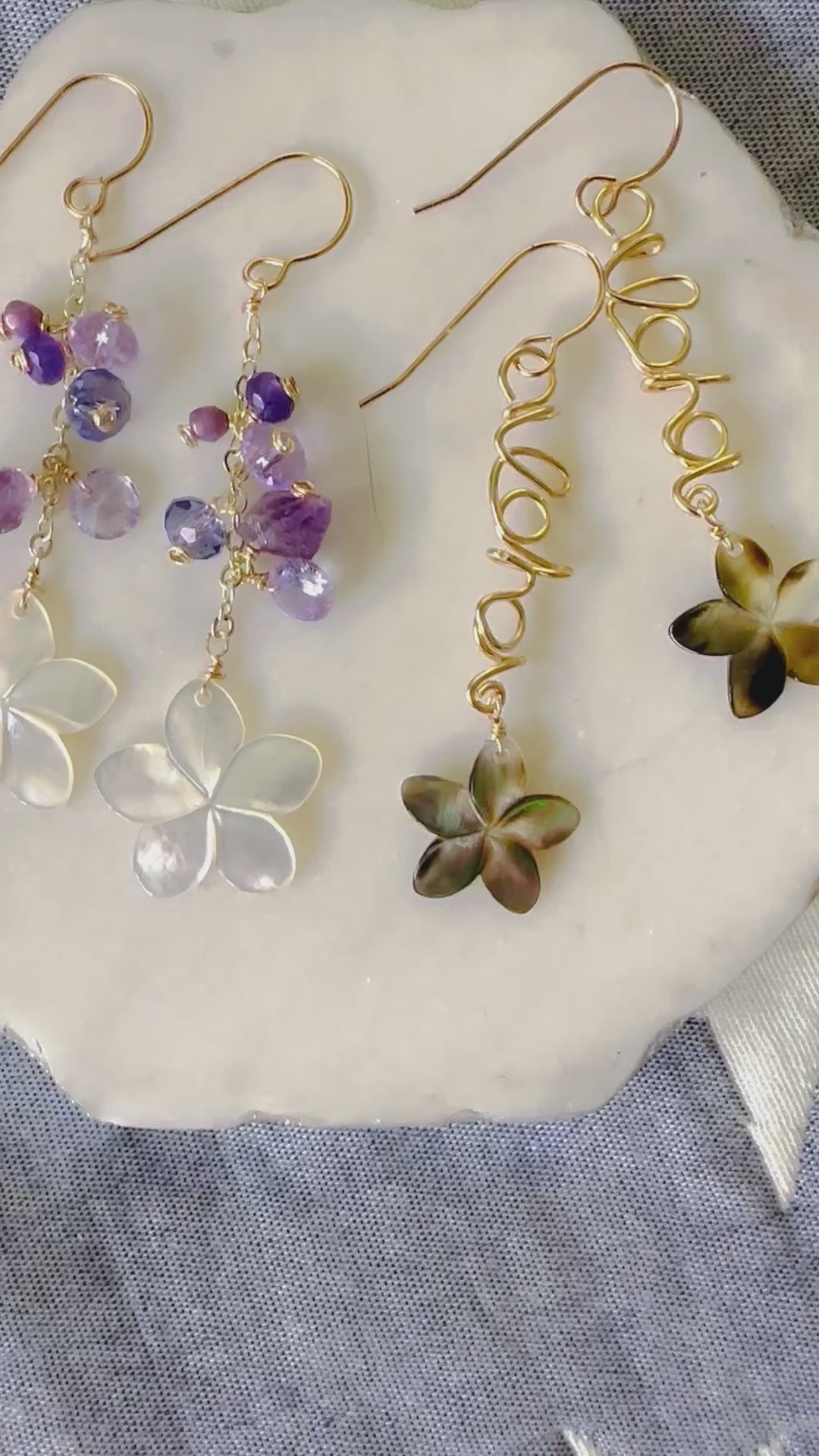 Load video: Plumeria &amp; Purple Gems Earrings