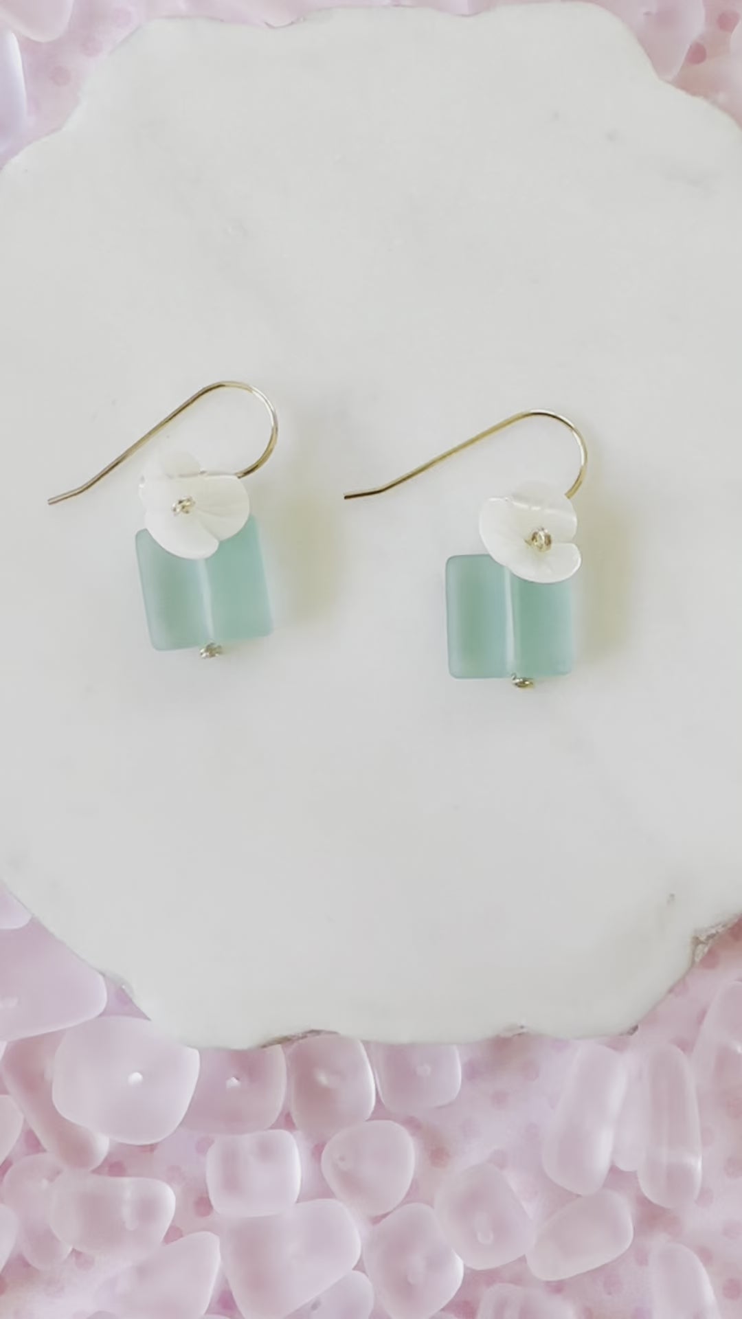 Load video: Aqua Mint Sea Glass &amp; Shell Flower Earrings