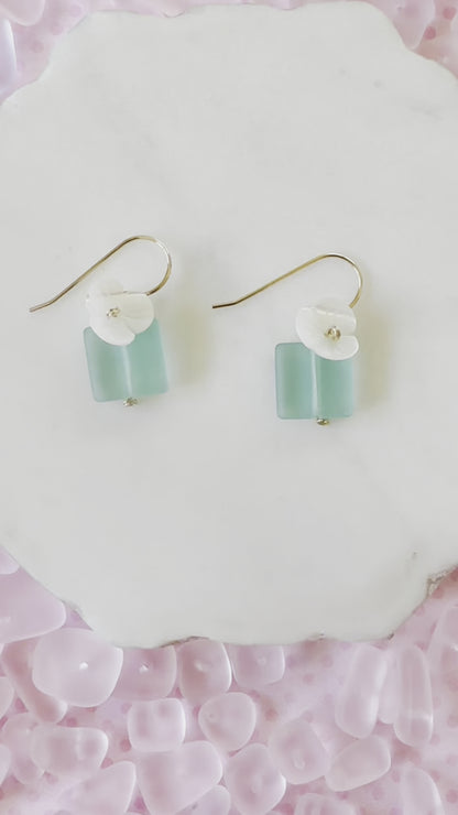Aqua Mint Sea Glass & Shell Flower Earrings