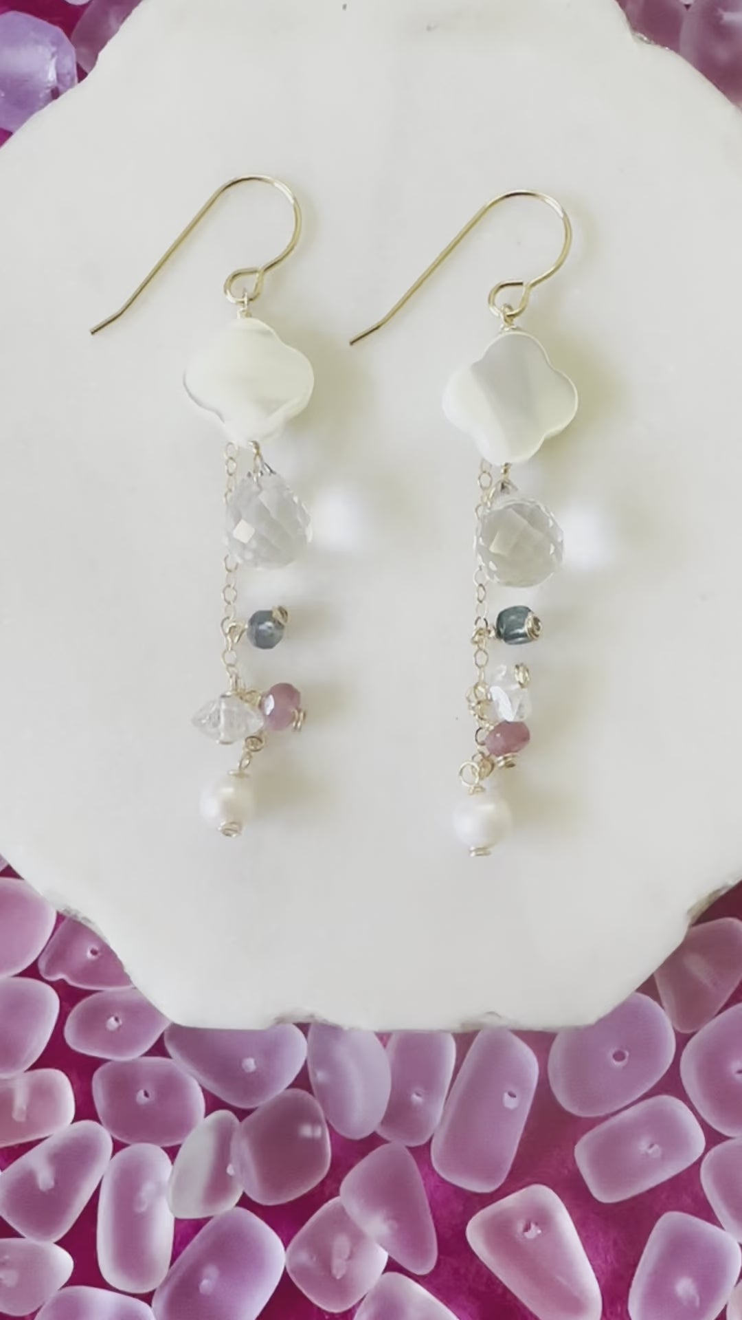 Load video: Clover Shell &amp; Gems Earrings