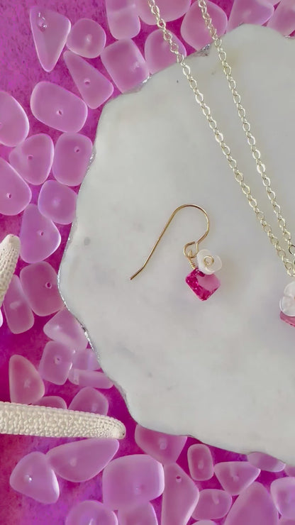 Rose Pink/Blue Crystal & Shell Flower Necklace