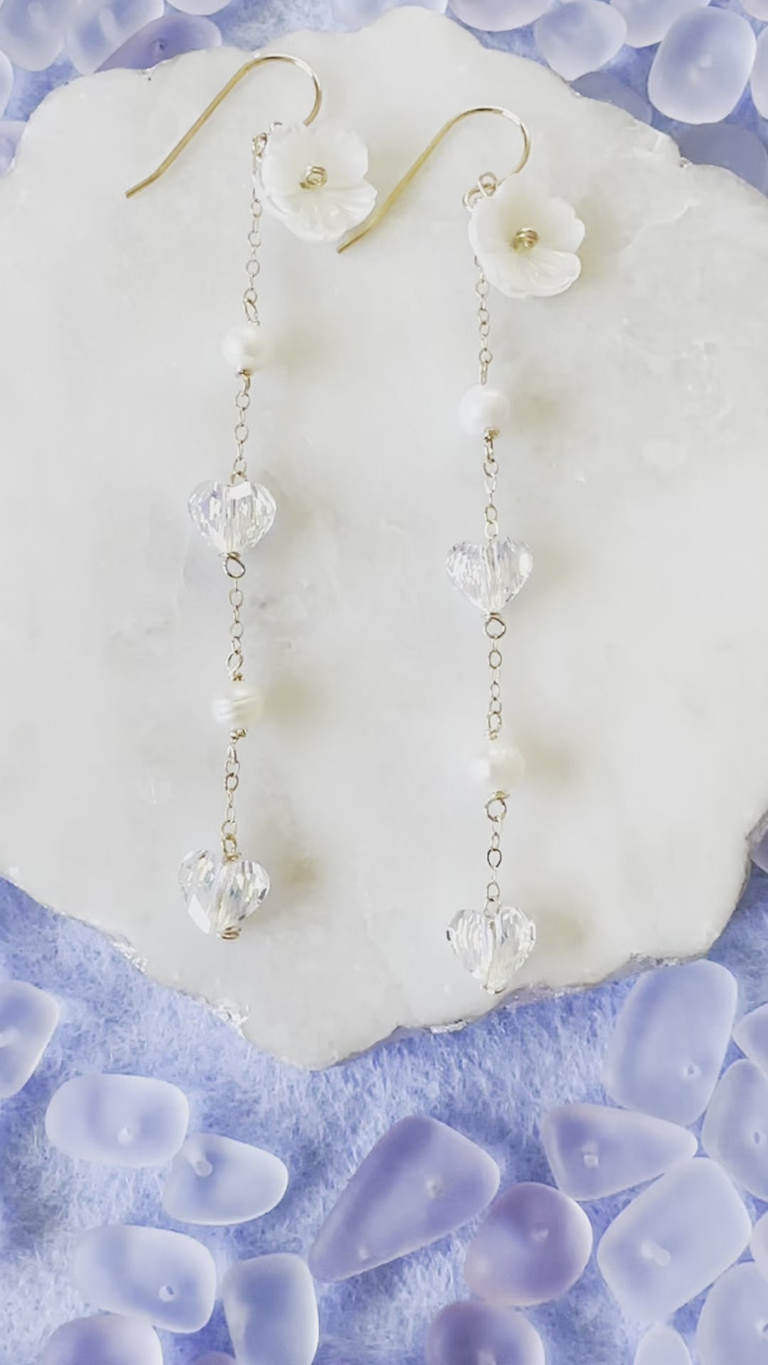 Load video: Shell Flower &amp; Heart Crystal Earrings