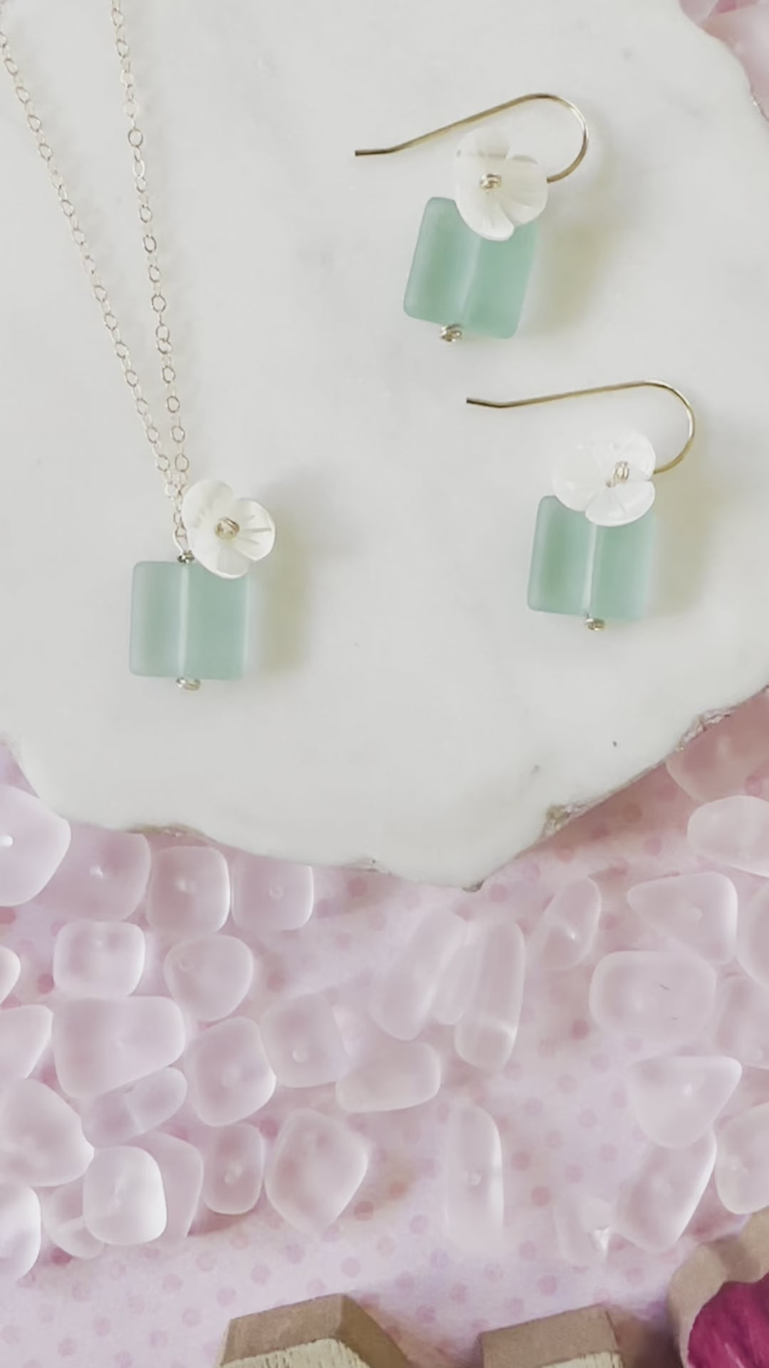 Load video: Aqua Mint Sea Glass &amp; Shell Flower Earrings