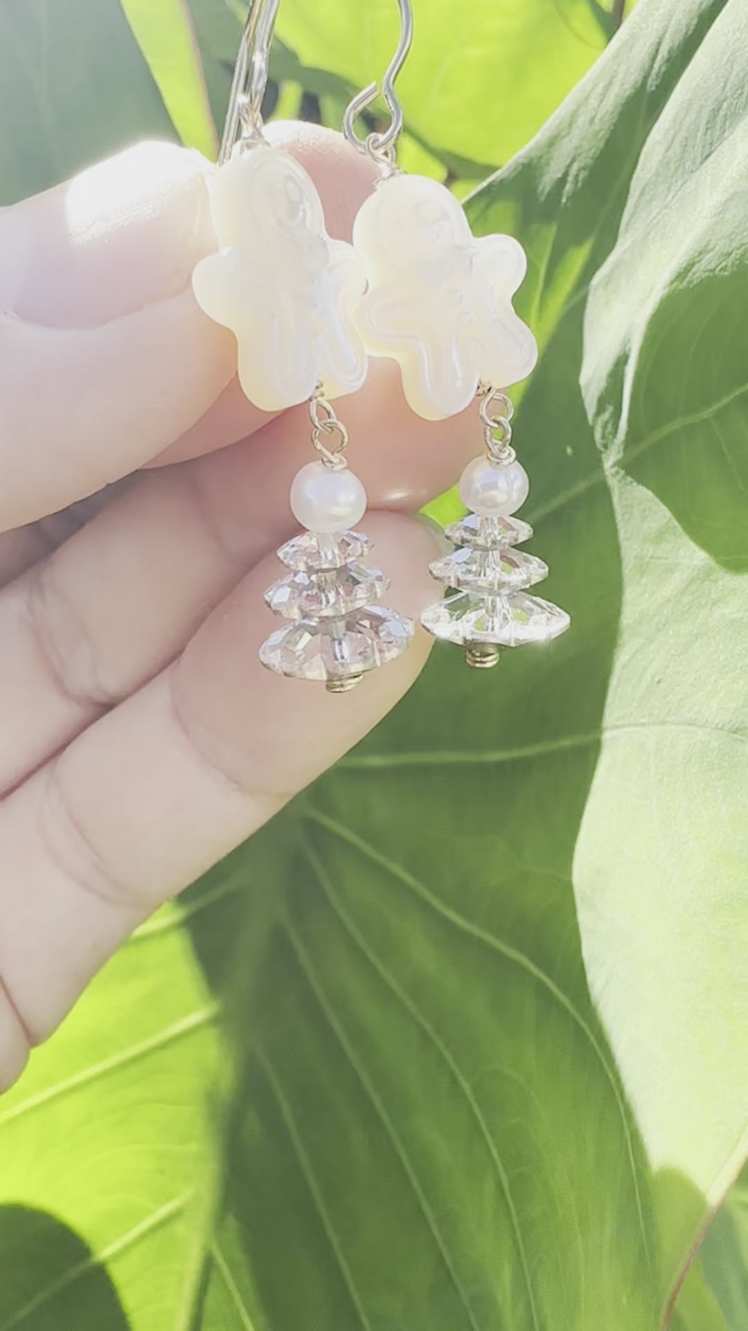 Load video: Gingerbread Man Shell &amp; Crystal Tree Earrings