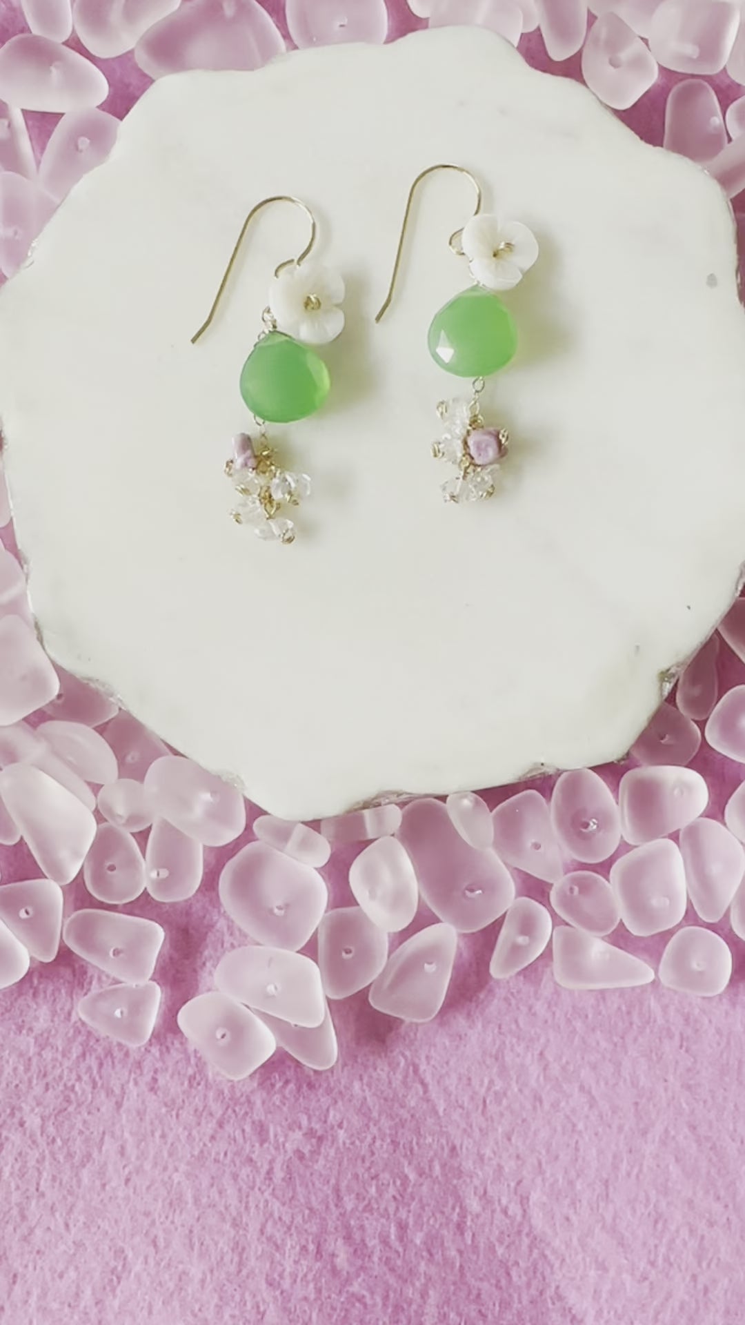 Load video: Chrysoprase Heart Briolette &amp; Shell Flower Earrings