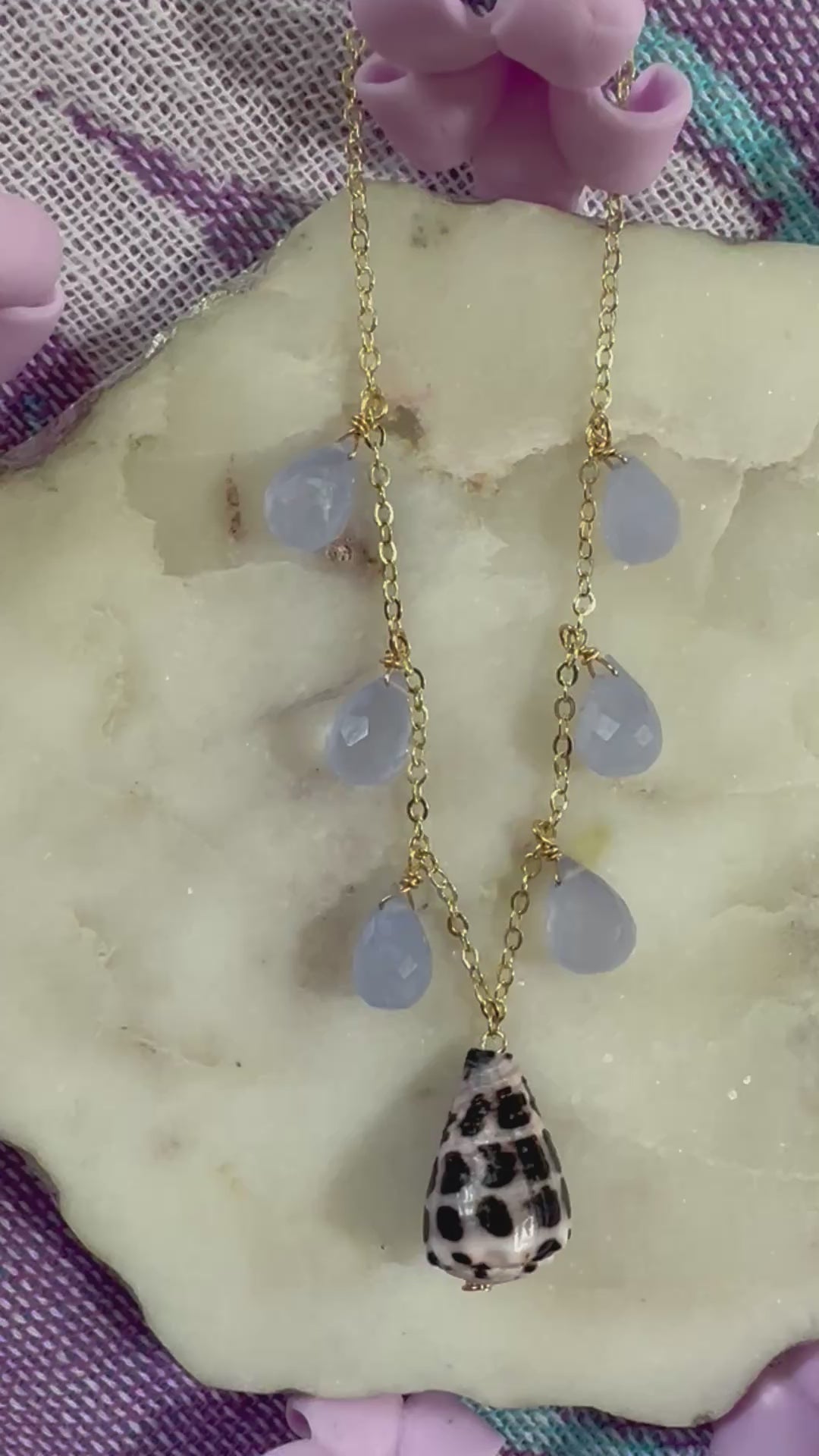 Load video: Hebrew Conw Shell &amp; Chalcedony Necklaces