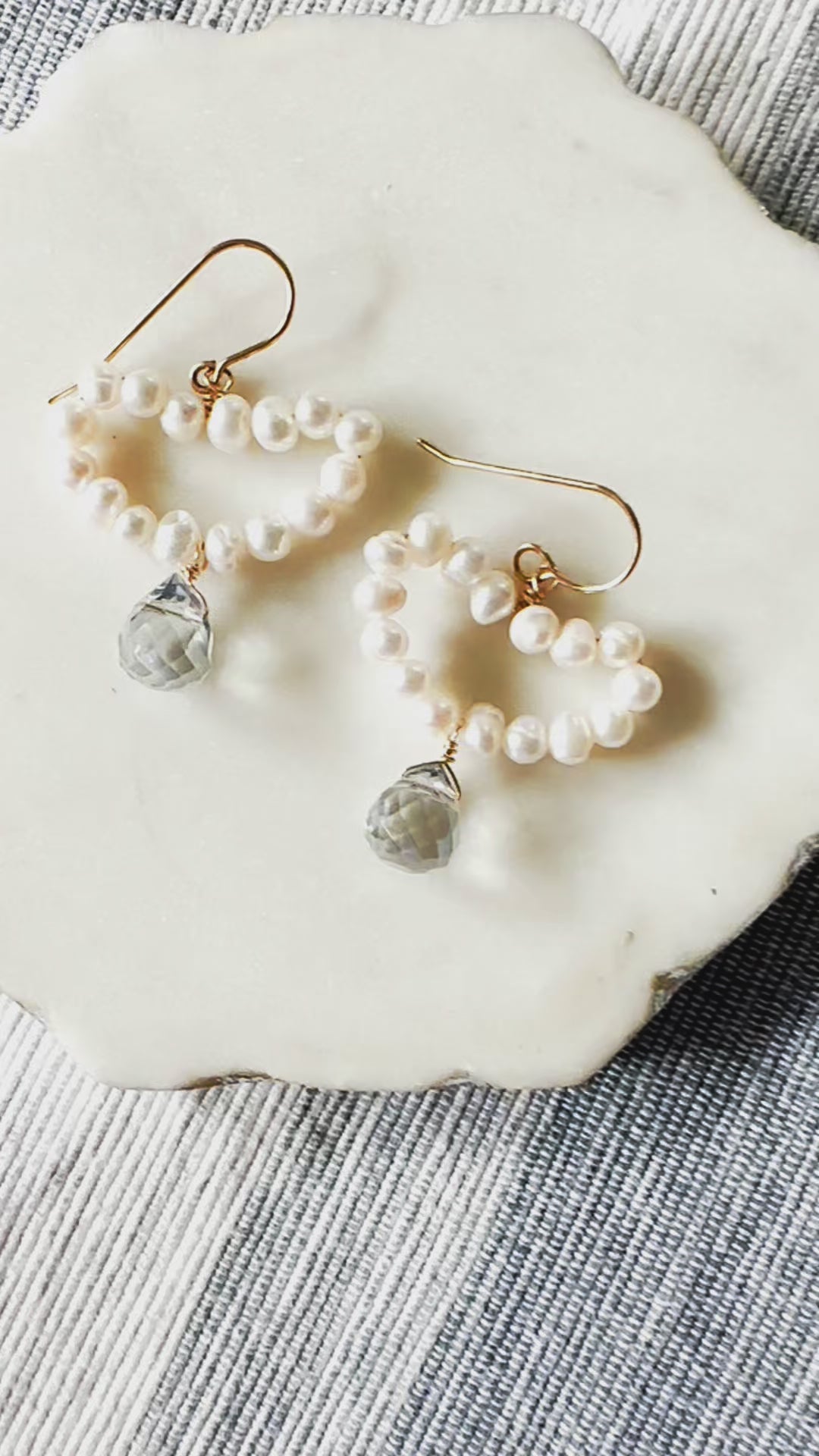 Load video: Pearl Heart &amp; Blue Glass Drop Earrings