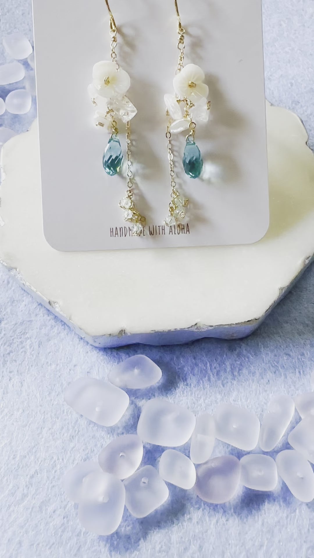 Load video: Turquoise Blue Crystal &amp; Shell Flower Earrings