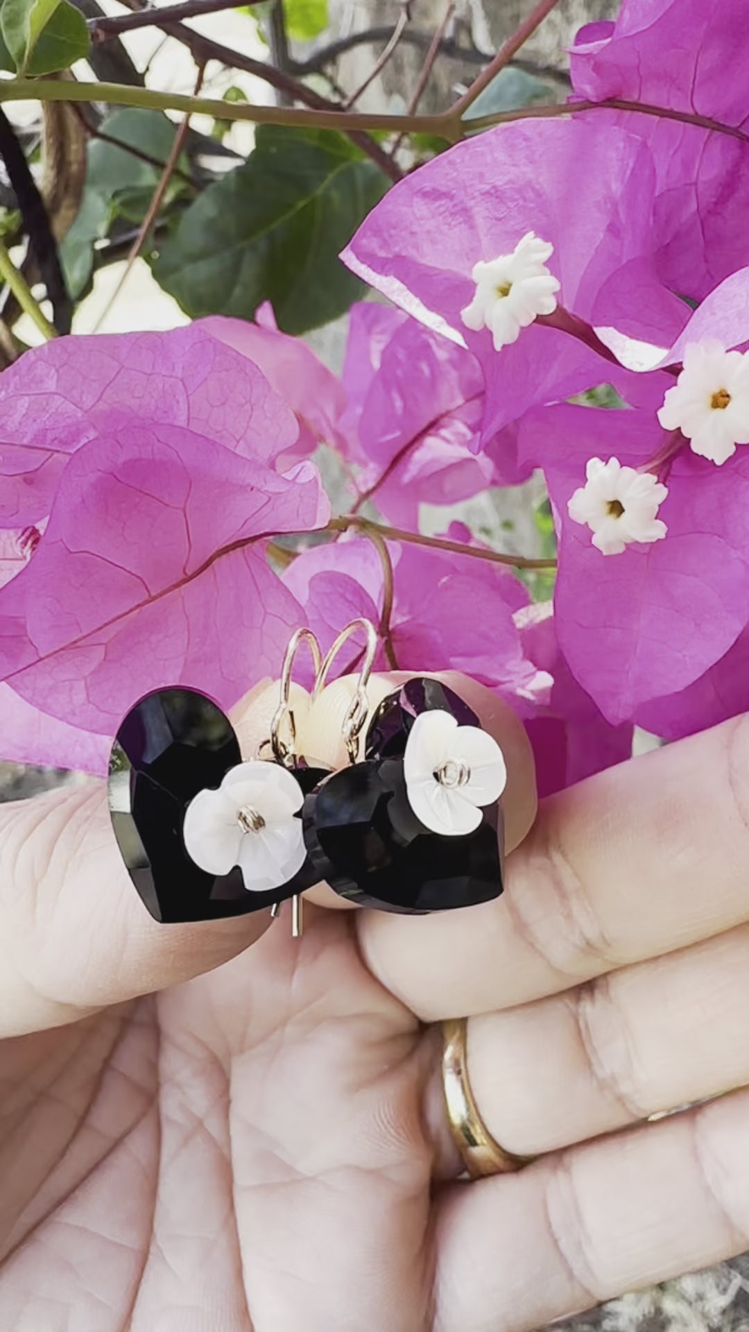 Load video: Black Heart Lignite &amp; Shell Flower Earrings