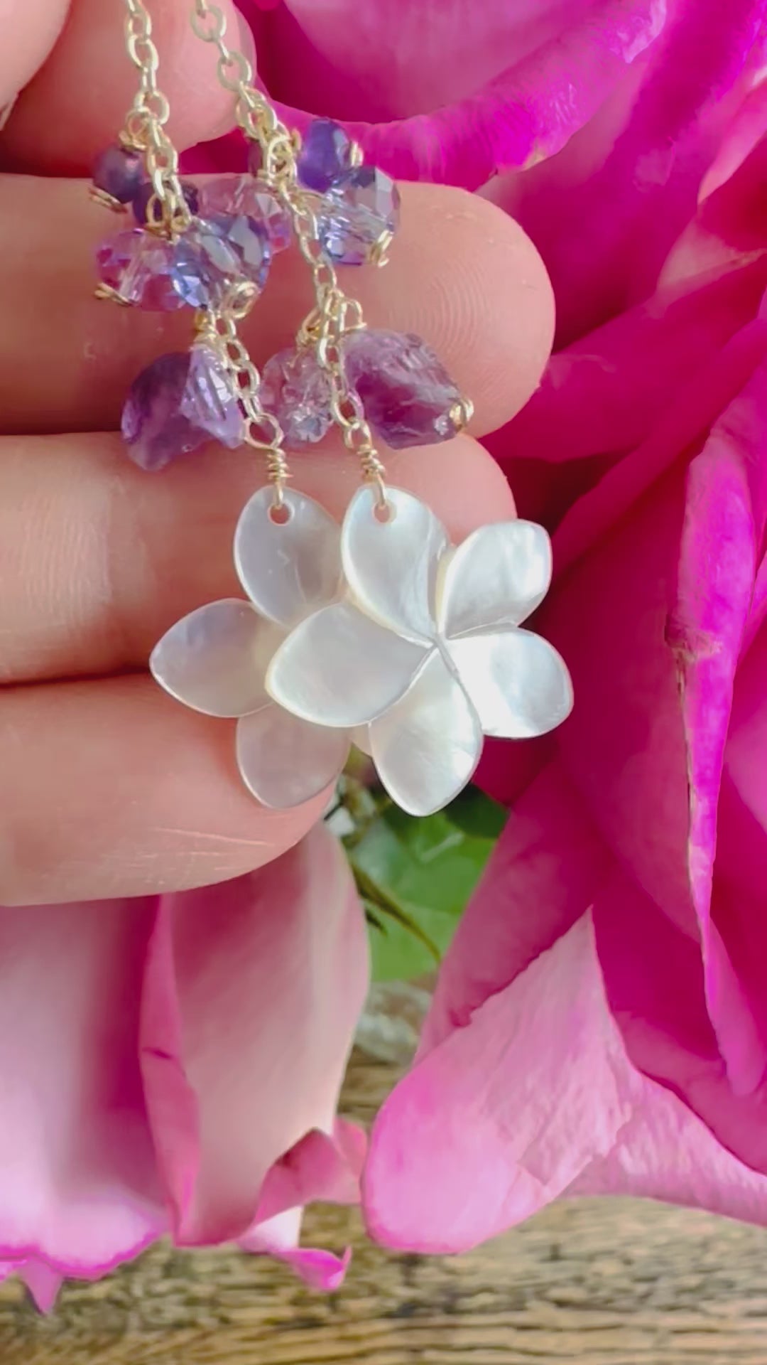 Load video: Plumeria &amp; Purple Gems Earrings