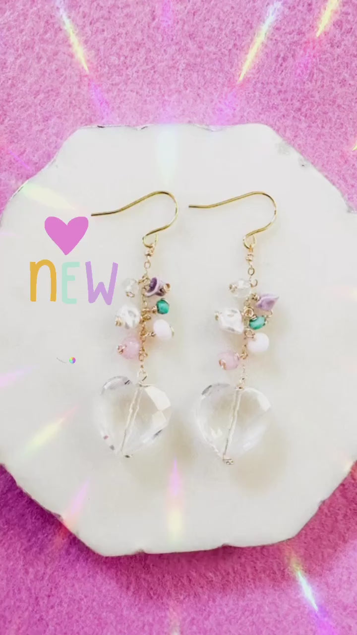 Load video: Clear Glass Heart &amp; Gems Earrings