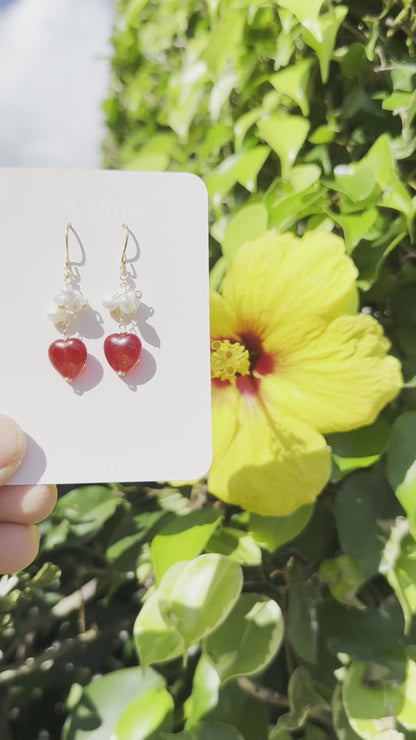 Red Glass Heart & Pearl Earrings