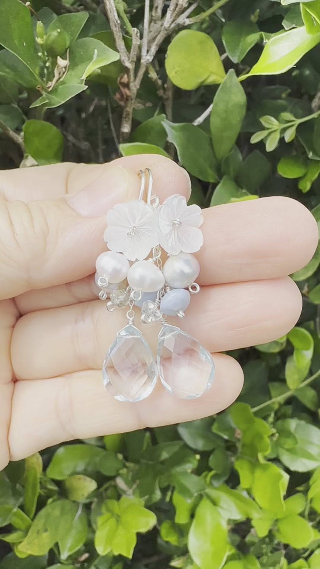 Load video: Aqua Quartz &amp; Flower Shell Earrings