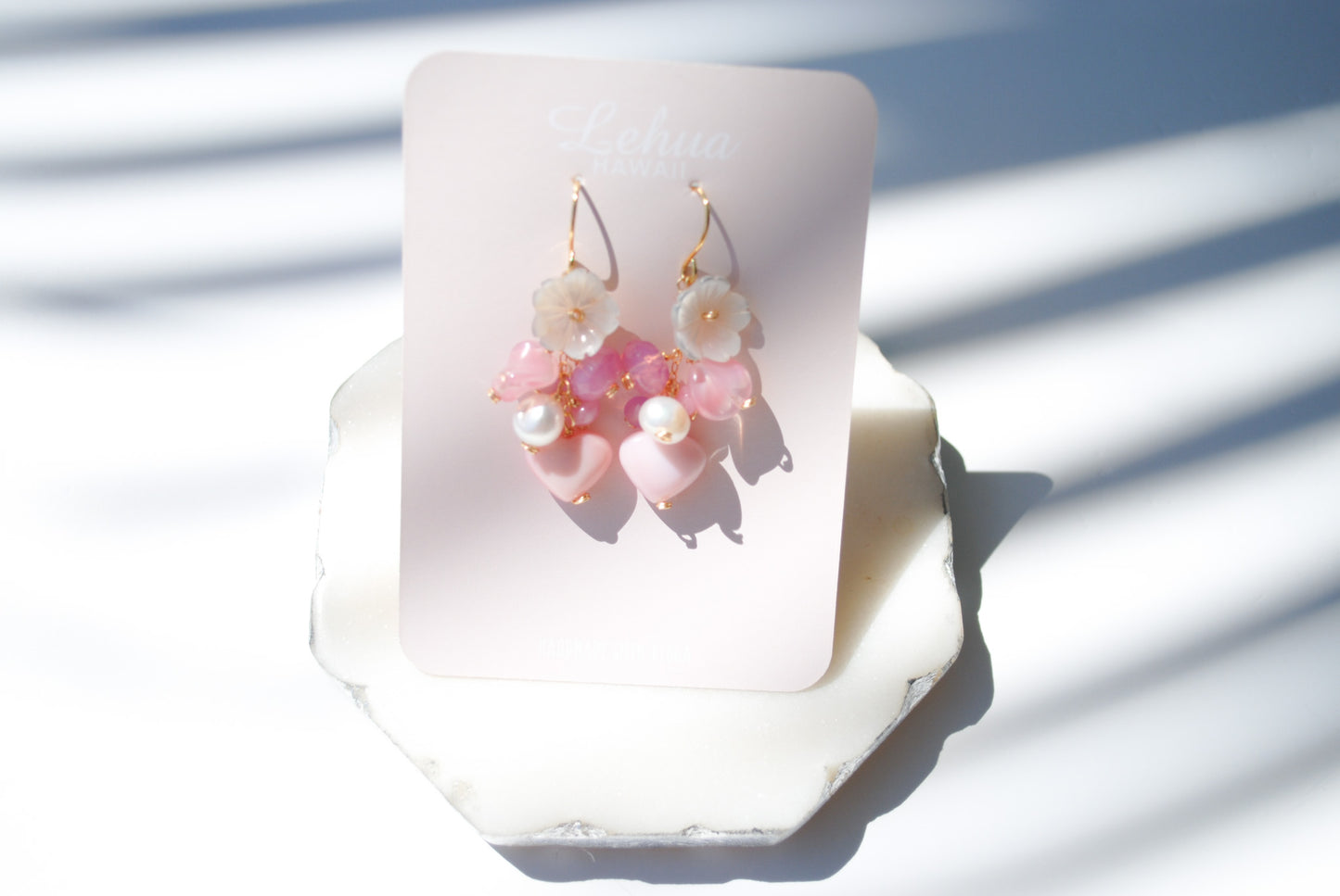Pink Conch Shell Heart & Vintage Glass Earrings