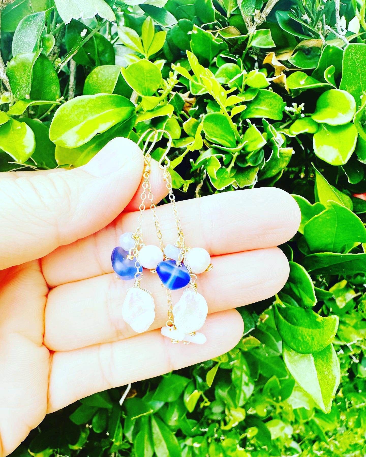 Keishi Pearl & Blue Glass Earrings - Lehua Hawaii Jewelry LLC