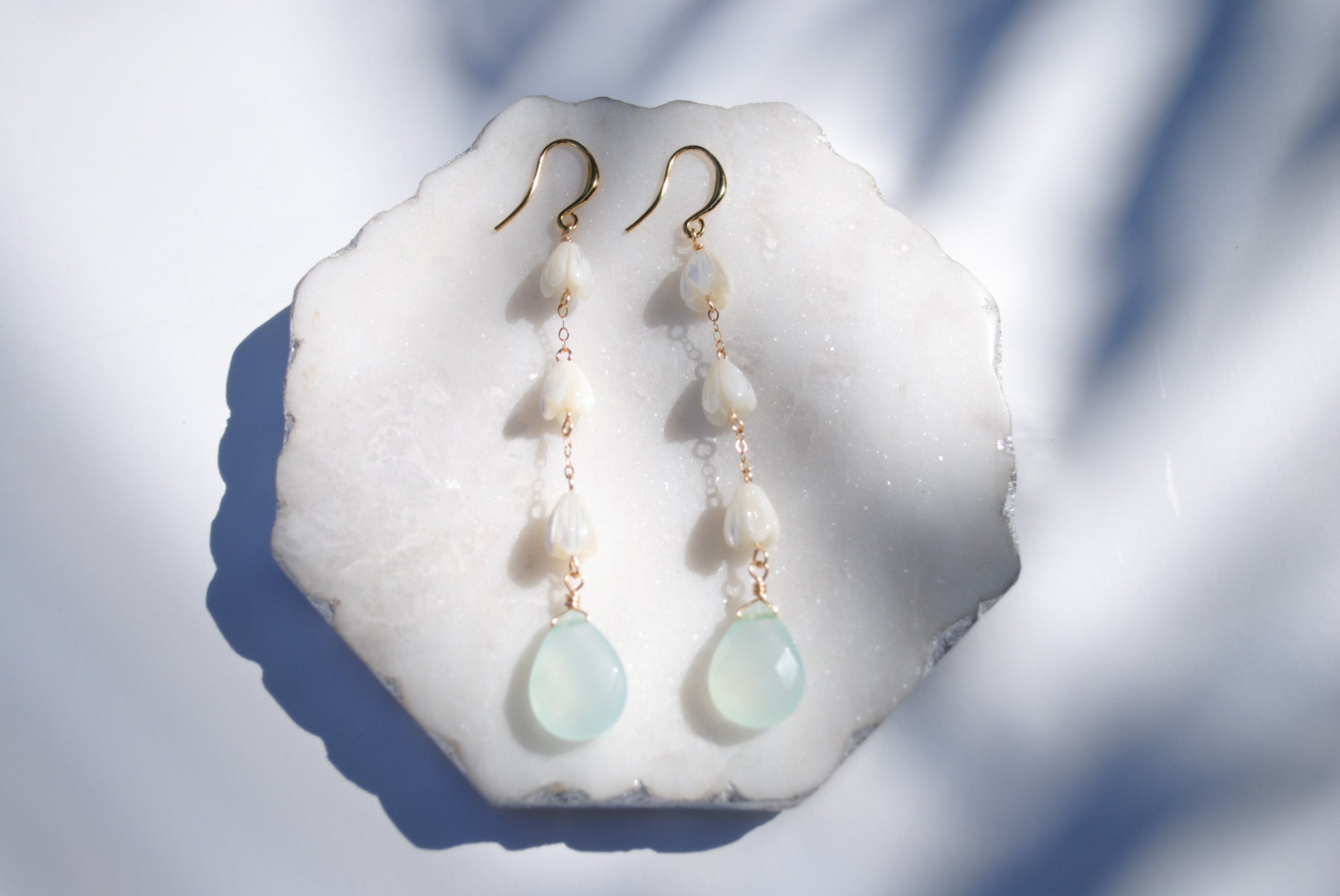 Aqua Chalcedony & Pikake Earrings