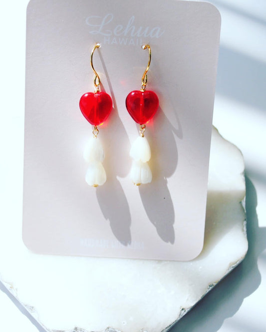 Red Glass Heart & Pikake Flower Earrings