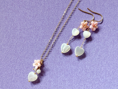 Pink Conch Shell Flower & Puffy Heart Shell Necklace