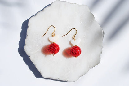 White Heart Shell & Red Valentine Marble Glass Earrings
