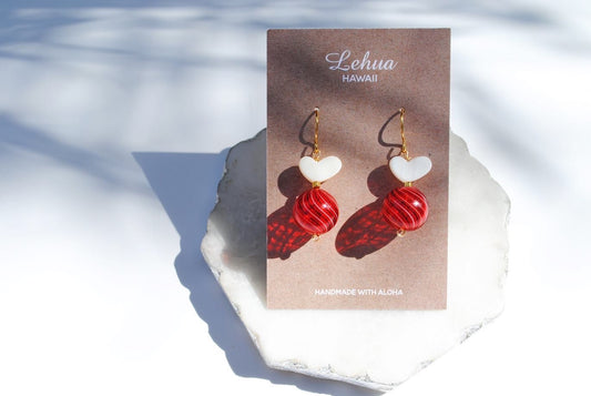 White Heart Shell & Red Valentine Marble Glass Earrings