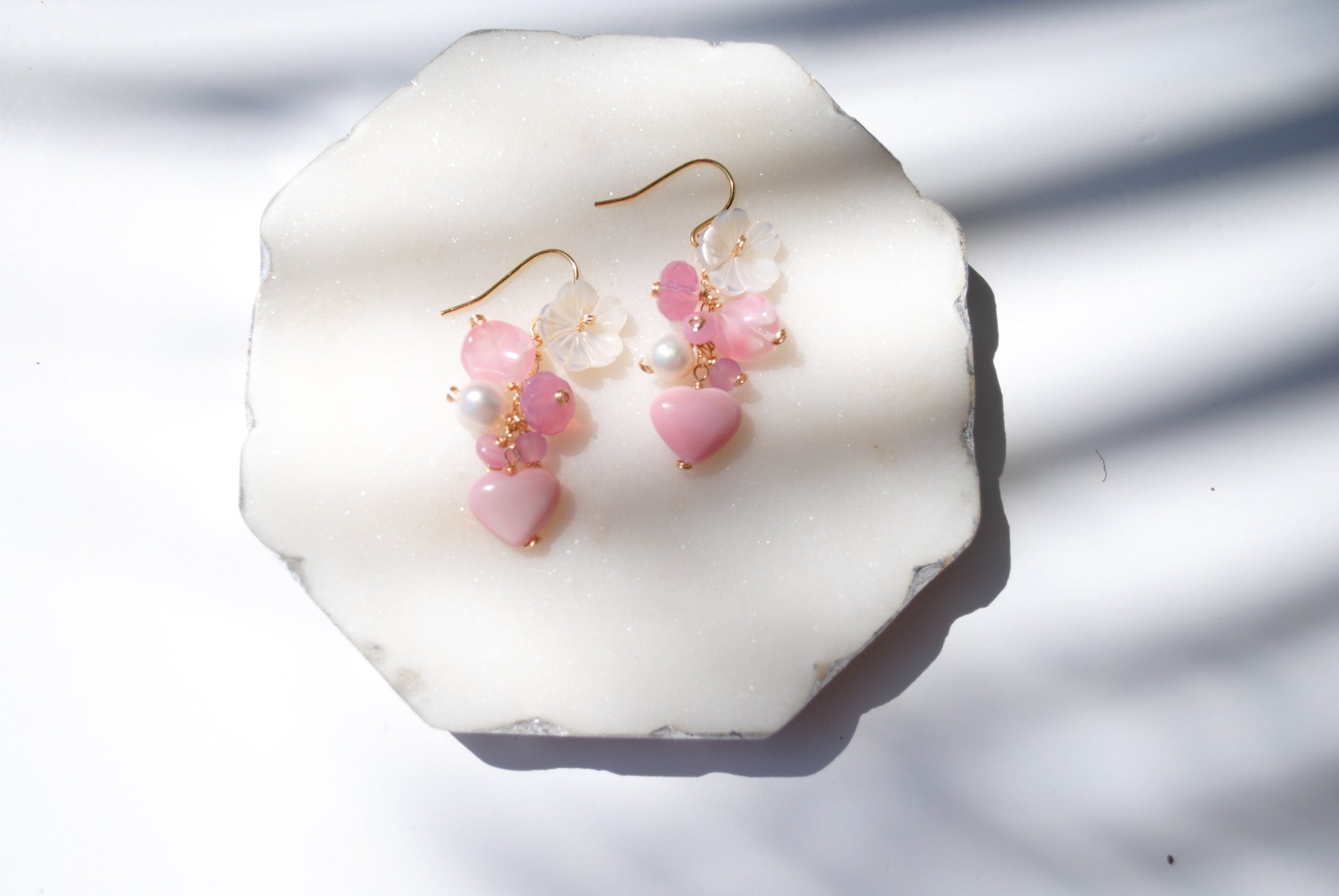 Pink Conch Shell Heart & Vintage Glass Earrings