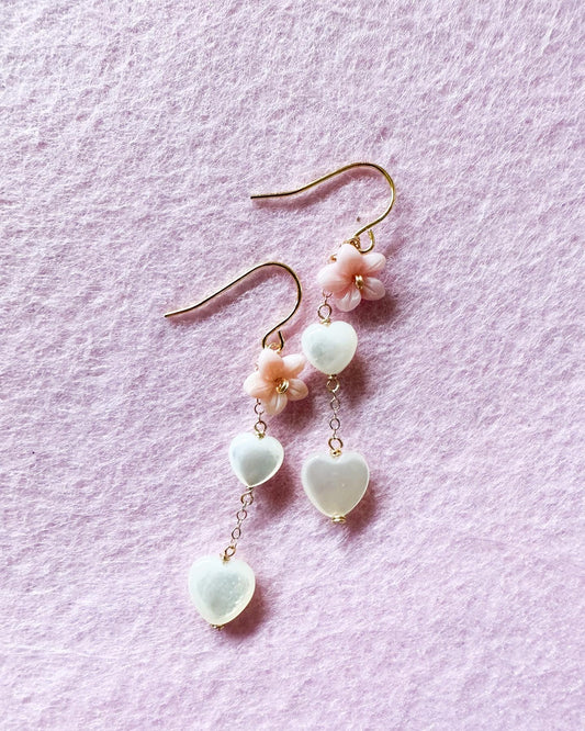 Pink Conch Shell Flower & Puffy Heart Shell Earrings