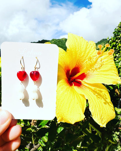 Red Glass Heart & Pikake Flower Earrings