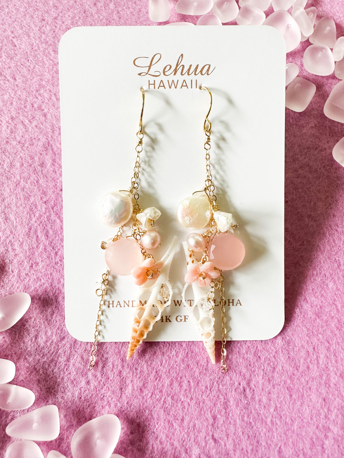 Rose Pink Chalcedony & Seashell Earrings