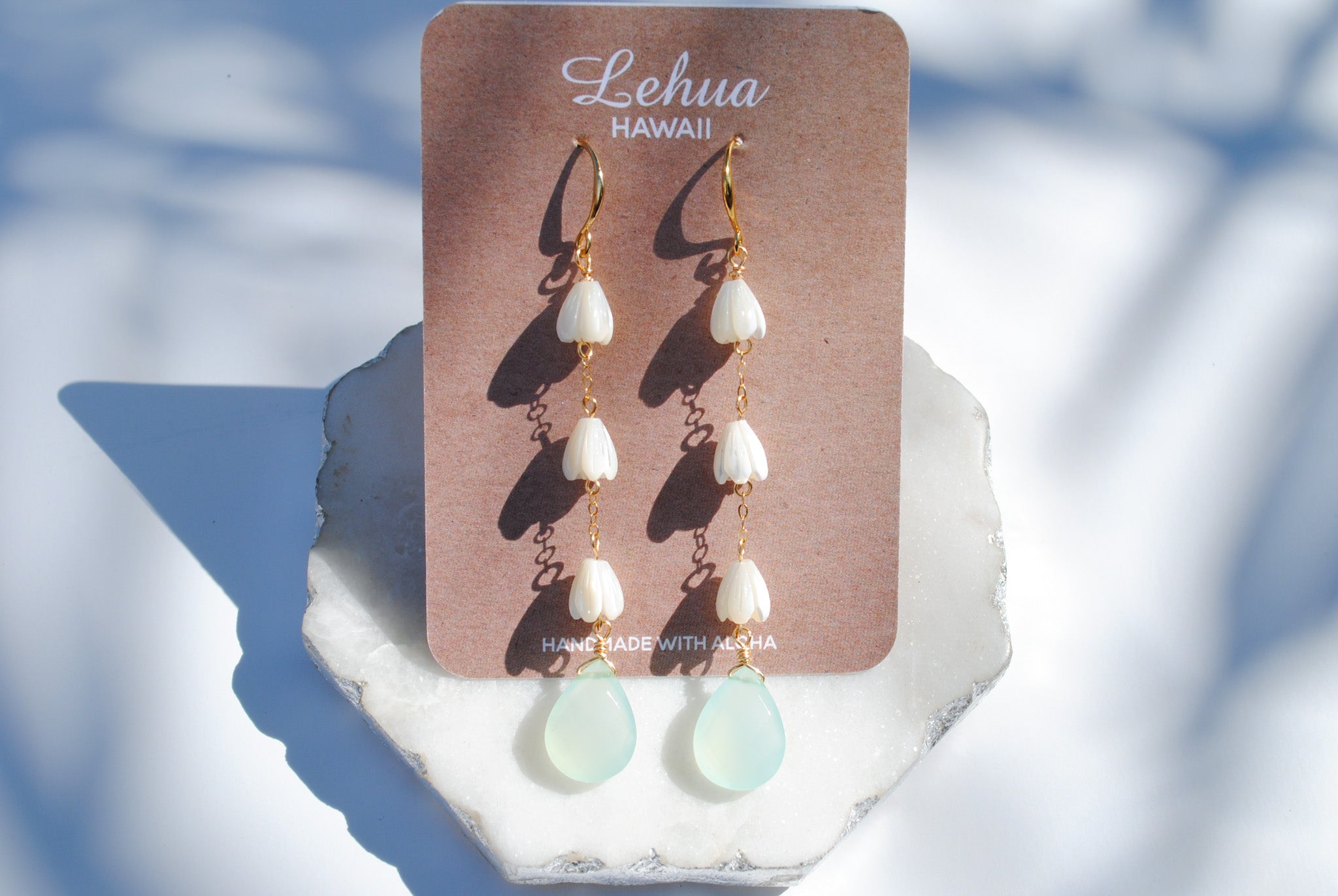 Aqua Chalcedony & Pikake Earrings