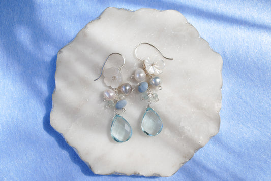 Aqua Quartz & Flower Shell Earrings